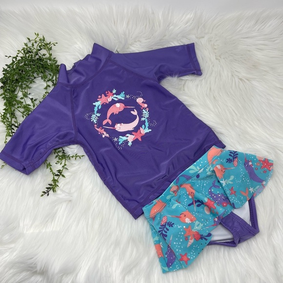 UV SKINS SUN WEAR TWO PIECE SWIM SUIT UPF 50 PURPLE WITH RUFFLE BOTTOMS SZ 2T - Picture 1 of 12